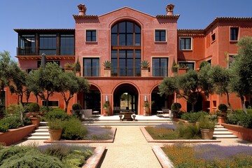 Elegant building with garden and archway in a sunny setting.