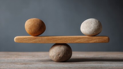 Two stones perfectly balancing on a wooden scale symbolizing asymmetrical order and harmony through imbalance