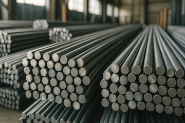 Industrial metal rods stacked in warehouse for manufacturing and construction supply