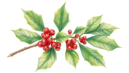 Holly branch on an isolated white background, holly paddub, botanical illustration