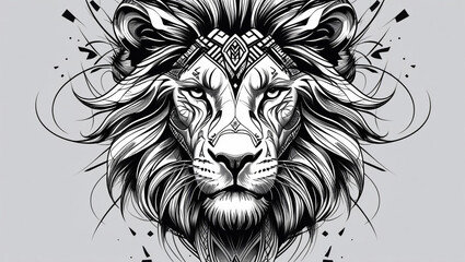 Obraz premium Majestic lion head in tribal tattoo style, black vector line art, symmetrical and bold design, isolated on a white background