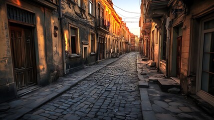 Cobblestone alleyway at sunset