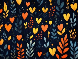 Whimsical hearts and foliage pattern on navy background design element