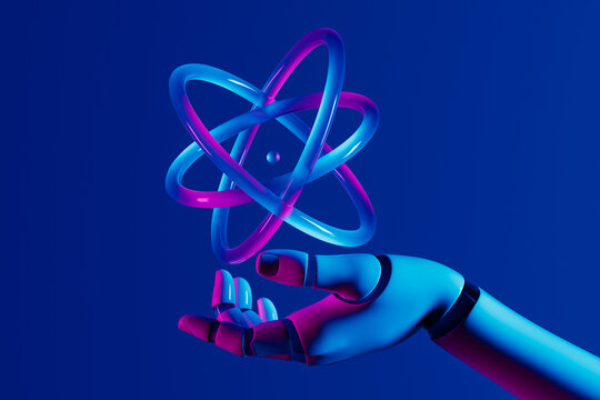 Robotic hand holds atom symbolizing advancements in technology