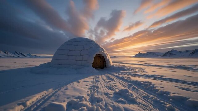 Majestic igloo in a pristine snow covered landscape at sunrise sunset
