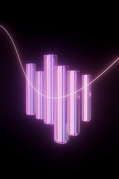 Abstract neon glowing bar chart with futuristic light wave