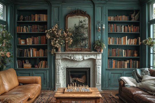 
Living room with dark green built-in bookshelves, antique white marble fireplace, vintage mirror, wooden coffee table with chess sets, and brown leather sofa, accented by light blue walls.