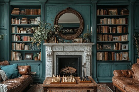 
Living room with dark green built-in bookshelves, antique white marble fireplace, vintage mirror, wooden coffee table with chess sets, and brown leather sofa, accented by light blue walls.