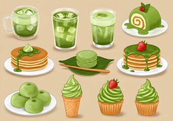 Delicious Matcha Desserts and Drinks Iced Matcha Latte, Pancakes, Macarons, Roll Cake, Cupcakes, and Ice Cream.