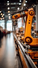 Fototapeta premium Industrial robot arm working on a production line in a factory. Possible use Stock photo for industrial automation, manufacturing, technology, robotics, or engineering