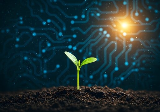 Digital Growth Plant Sprout Emerging from Soil with Circuit Board Background, Tech Future - Powered by Adobe