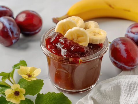 Plum and banana jam in a glass jar