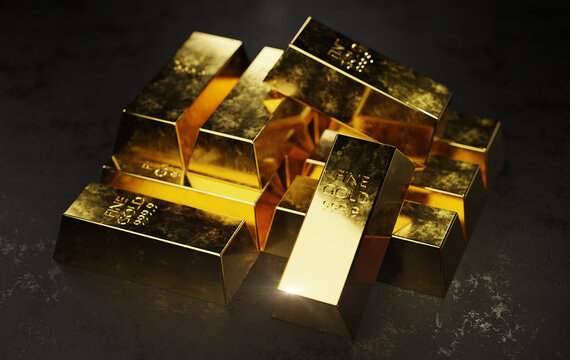 Concept of many gold bars stacked in a pile on a black ground