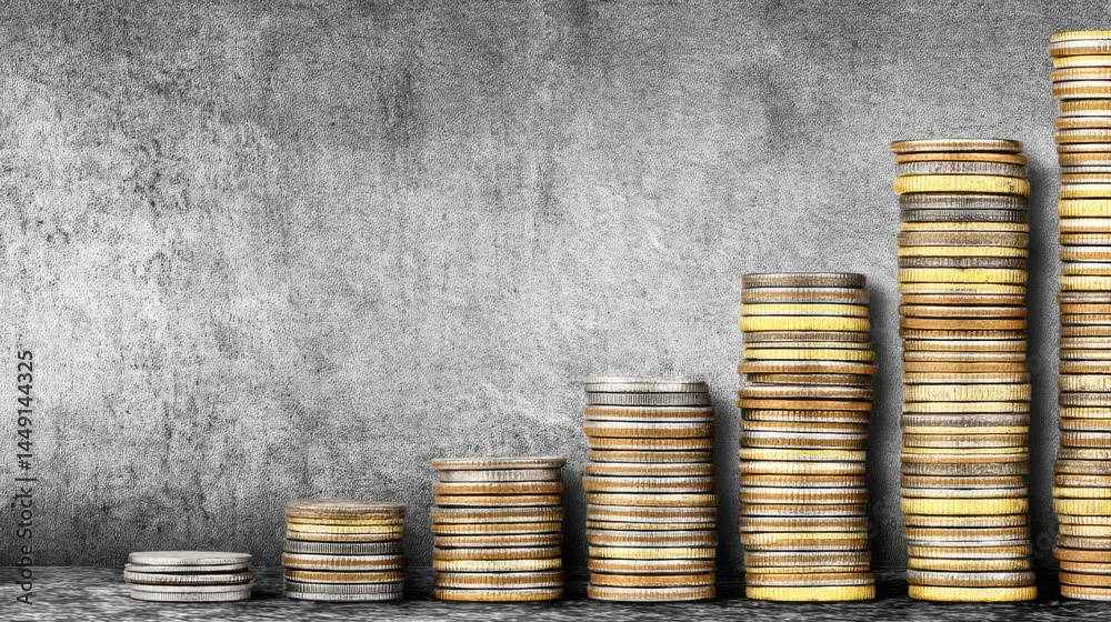 Poster stack of coins arranged neatly together representing real compressed value and wealth in a compact d