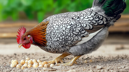 [Closeup image of chicken holding small yellow object on dirt surface outdoors] Black & White Chick Walking With Yellow Item Found In Farm Outdoor Setting
