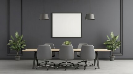 Fototapeta premium Modern Gray Office Conference Room Interior Design Mockup with Empty Frame