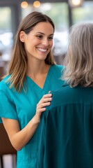 Kind caregiver comforting elderly person in a cafe-style setting. Potential use medical support, empathy, human connection