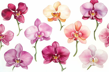 Colorful orchid blossoms on a white background.