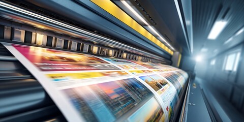 Large format printing press in action, colorful advertising posters being printed, industrial setting. Possible use Commercial printing, advertising