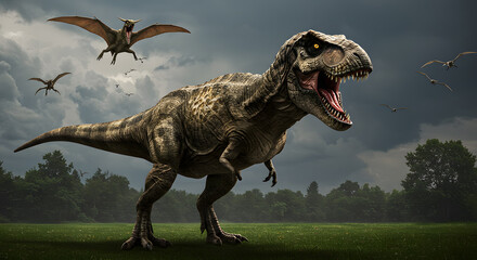 Roaring Tyrannosaurus Rex in Field with Pterodactyls Under Stormy Sky
