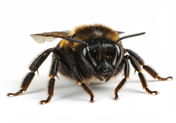 Close-up of a fuzzy brown and yellow bee on a white background