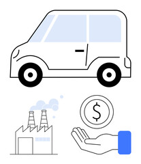 Electric car outline, factory emitting soft smoke, hand holding coin representing cost and economy. Ideal for eco-friendly transport, automotive industry, sustainability, energy efficiency, green