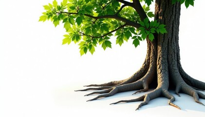 Fototapeta premium tree roots stretching out from trunk on white ground, foliage, wood, roots