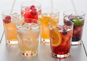 Refreshing Fruity Drinks Assortment of Sparkling Beverages with Berries, Orange Slices, and Ice Cubes.