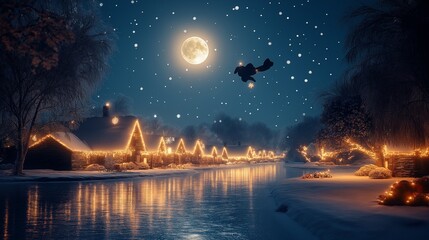 Enchanting winter night with a bright full moon illuminating a snowy village, 