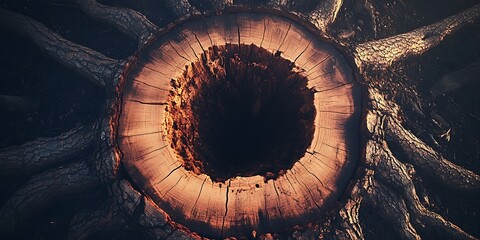 Mysterious tree stump with dark void and exposed roots, top view, decay