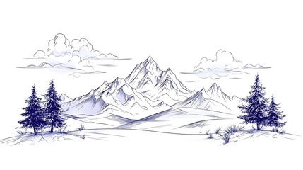 Simple Elegant Line Drawing Of A Mountain Landscape