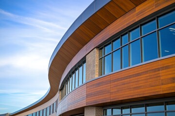 Fototapeta premium Modern Building Exterior with Curved Wood Paneling and Glass Windows