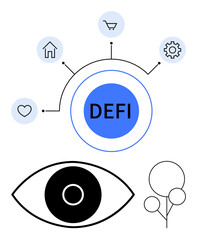 Circular DEFI hub connected to icons of home, shopping cart, gear, heart, abstract eye, and trees. Ideal for finance, investment, technology innovation security analytics simple landing page