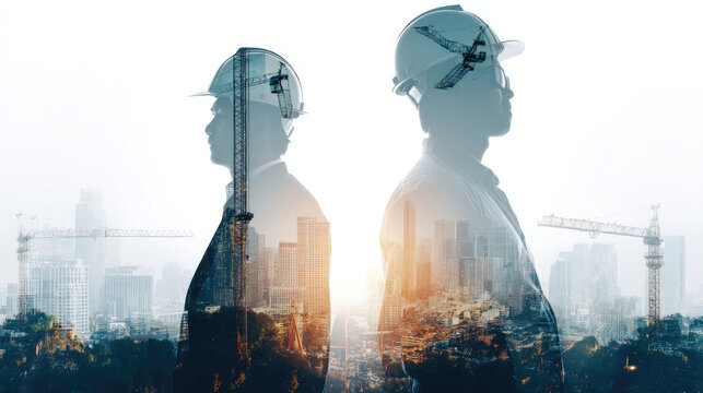 Two figures, likely engineers, stand side-by-side against a backdrop of a modern city under construction.  Silhouette overlay suggests collaboration and leadership in urban development