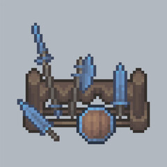 top view long weapon rack in pixel art style with isolated background
