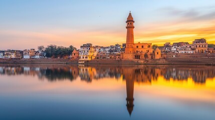 Obraz premium Serene Sunset Reflection Golden Hour over Ancient Indian Architecture and Calm Waters