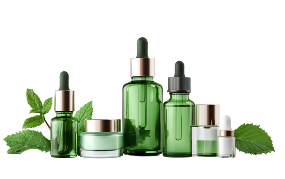  Green glass cosmetic bottles with face cream, serum, and oil on a transparent background, with a mint leaf nearby, on a white isolated background,