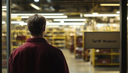 Fototapeta premium Man Views Tariff Response Sign in Industrial Warehouse - Economic Impact