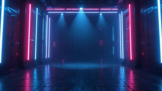 Empty neon lit corridor digital rendering interior design technology product showcase graphic illustration
