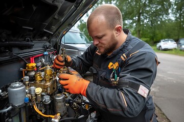 Technician performing hydraulic system maintenance workshop technical support outdoor close-up view