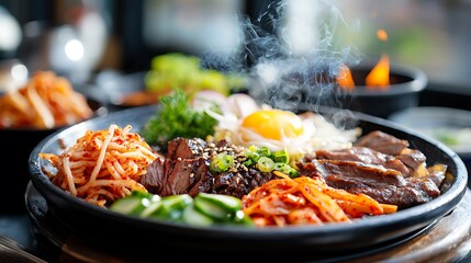 Fototapeta premium Sizzling Korean BBQ Plate with Egg and Kimchi
