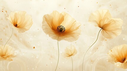 Peach and gold floral abstract art, watercolor poppies, dots, swirls, and splashes of paint on a light background.