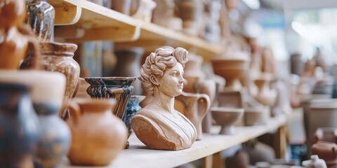 Obraz premium a statue of a woman sits among ceramic vases on a shelf 
