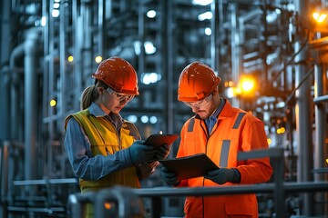 Engineers conducting quality control inspections in manufacturing facility industrial environment