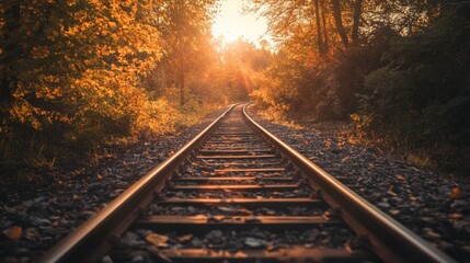 Obraz premium Railroad tracks leading to a bright sunset through a forest in autumn.