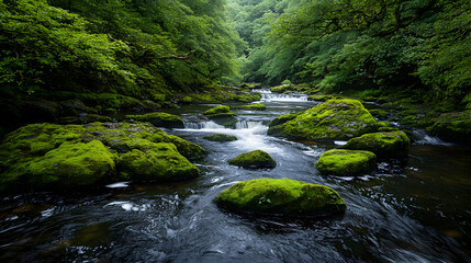Obraz premium Forest Stream With Green Mossy Rocks