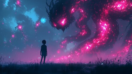 Obraz premium Surreal Digital Sketch of a Child Confronting a Glowing Pink Creature