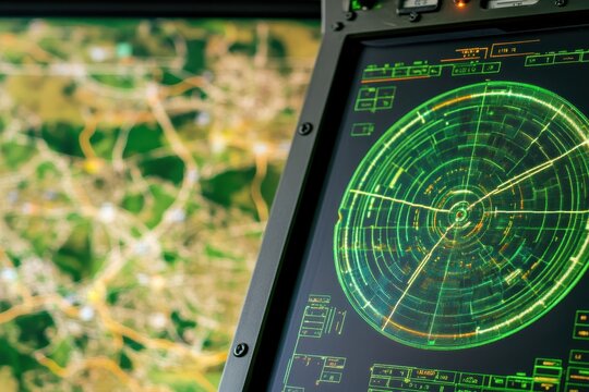 Military radar display with map background