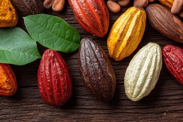 Colorful Cacao Pods and Leaves on Rustic Wooden Background Delicious Chocolate Production