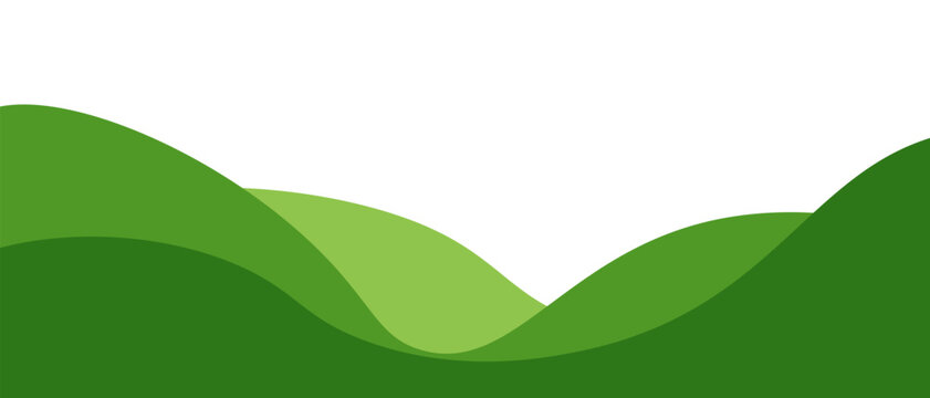 Minimalist abstract green hills background, layered wave shapes in varying green tones, white sky, clean eco landscape vector